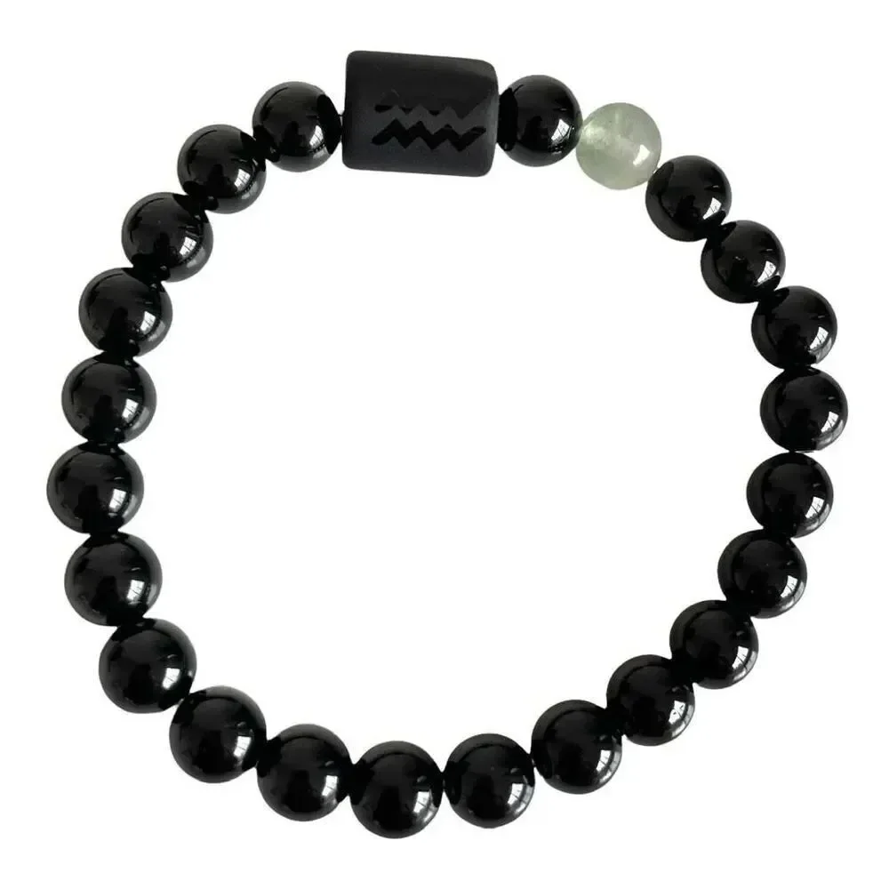 Aquarius Zodiac Beaded Bracelet Black Onyx Obsidian Fluorite Unisex, New